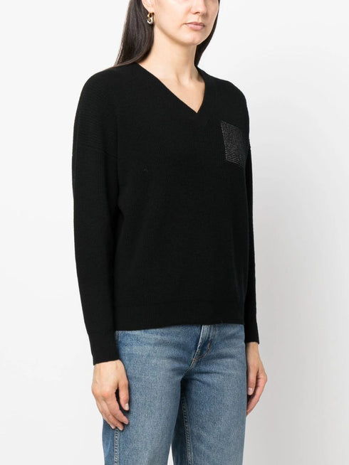 metallic-threading V-neck jumper